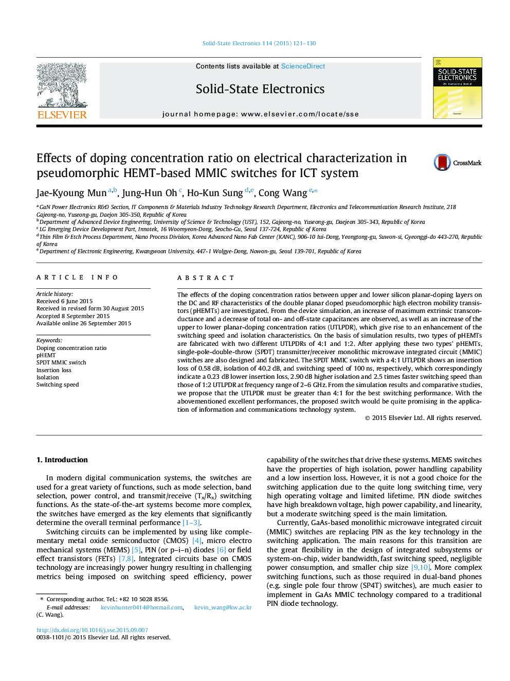 Effects of doping concentration ratio on electrical characterization in pseudomorphic HEMT-based MMIC switches for ICT system