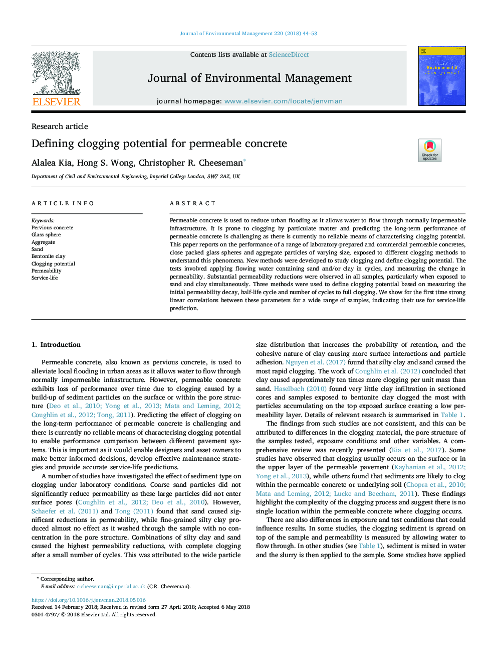 Defining clogging potential for permeable concrete