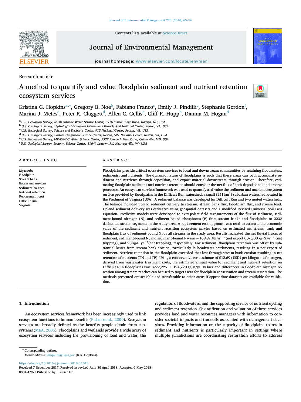 A method to quantify and value floodplain sediment and nutrient retention ecosystem services