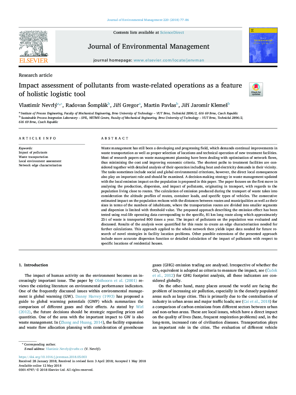 Impact assessment of pollutants from waste-related operations as a feature of holistic logistic tool