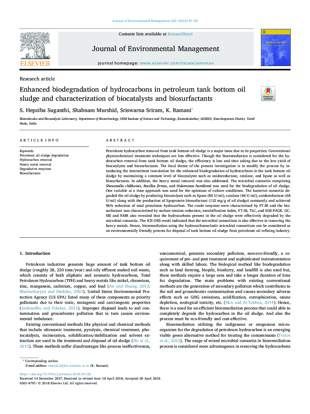 Enhanced biodegradation of hydrocarbons in petroleum tank bottom oil sludge and characterization of biocatalysts and biosurfactants