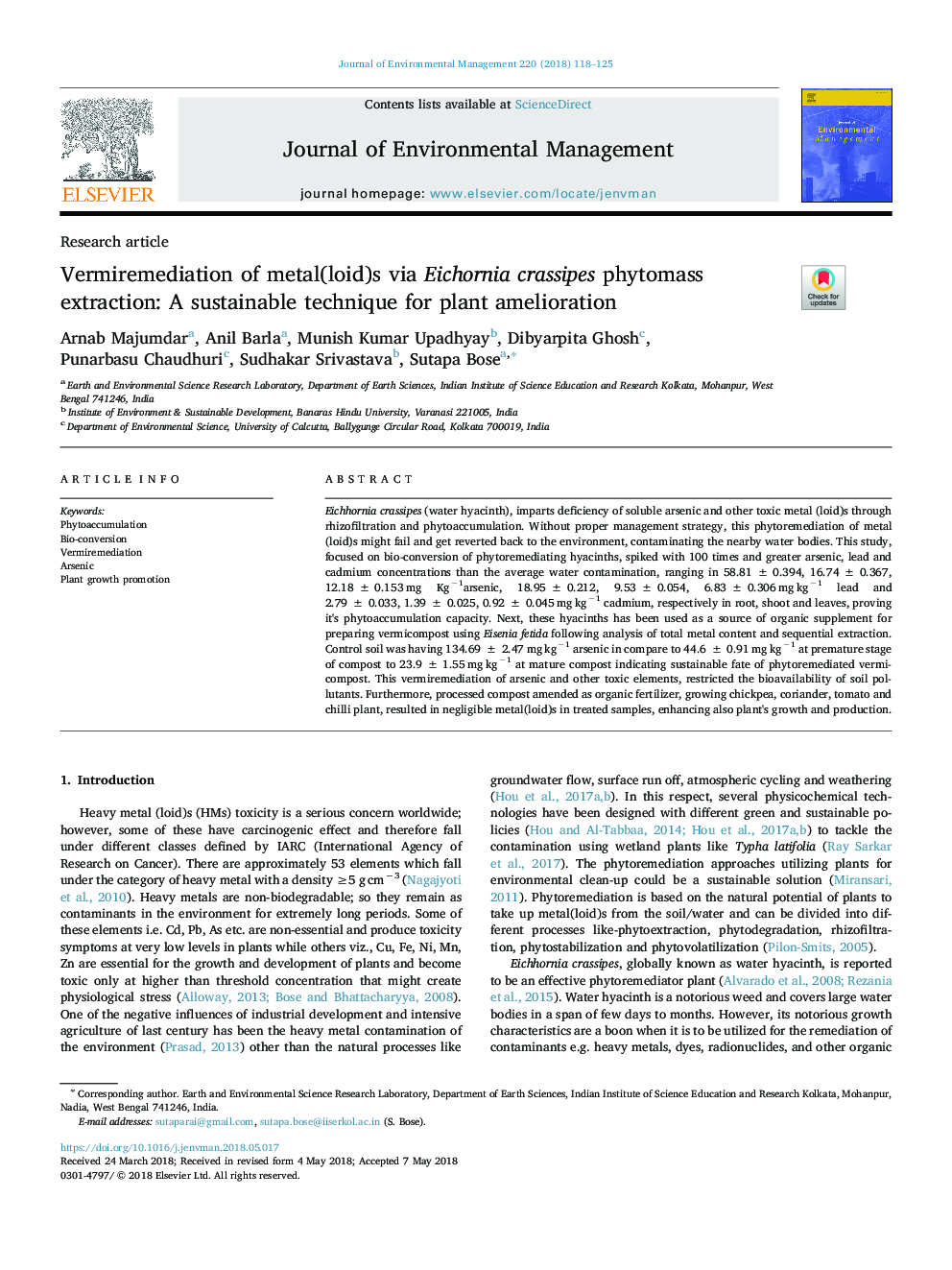 Vermiremediation of metal(loid)s via Eichornia crassipes phytomass extraction: A sustainable technique for plant amelioration