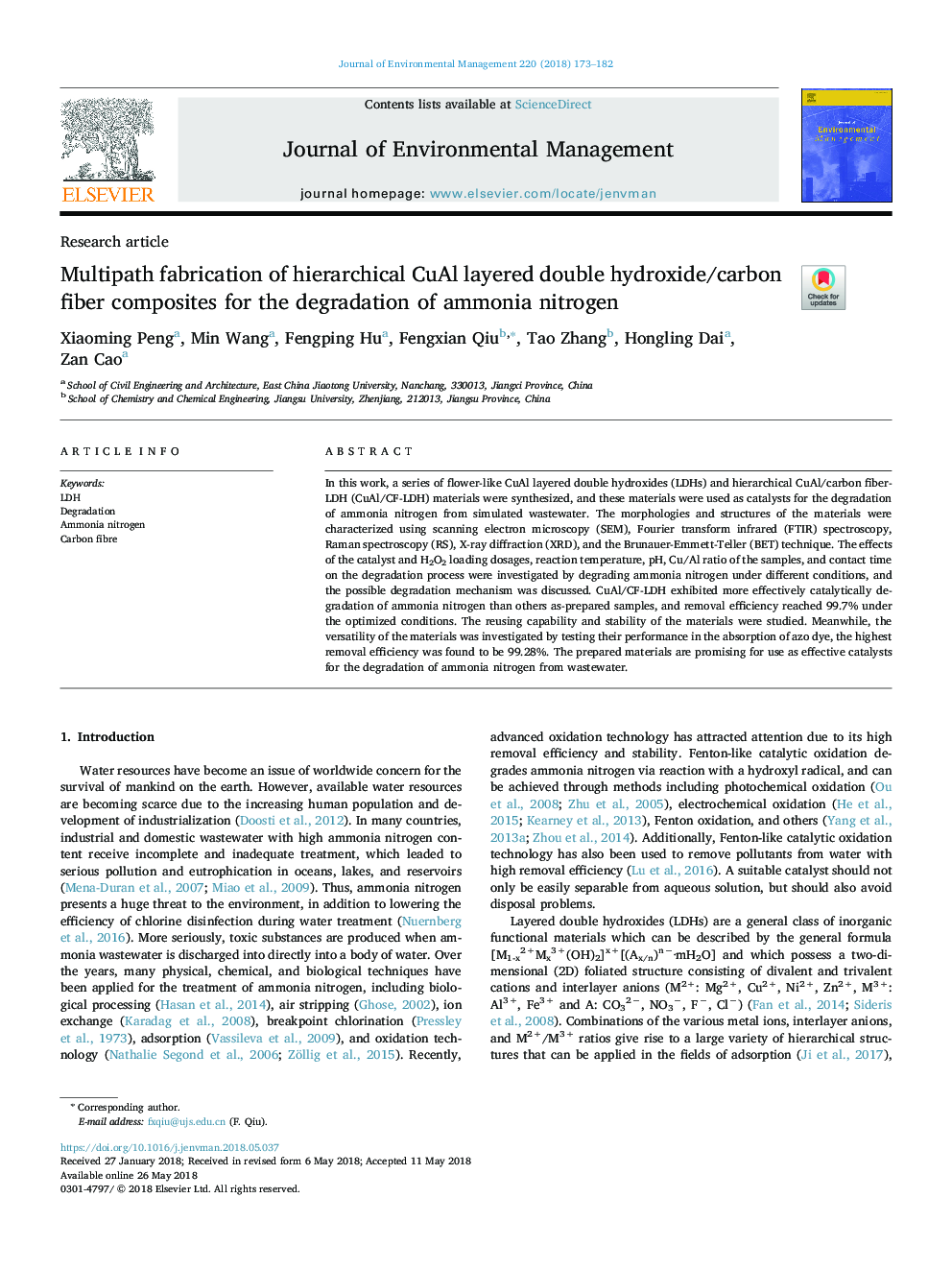 Multipath fabrication of hierarchical CuAl layered double hydroxide/carbon fiber composites for the degradation of ammonia nitrogen