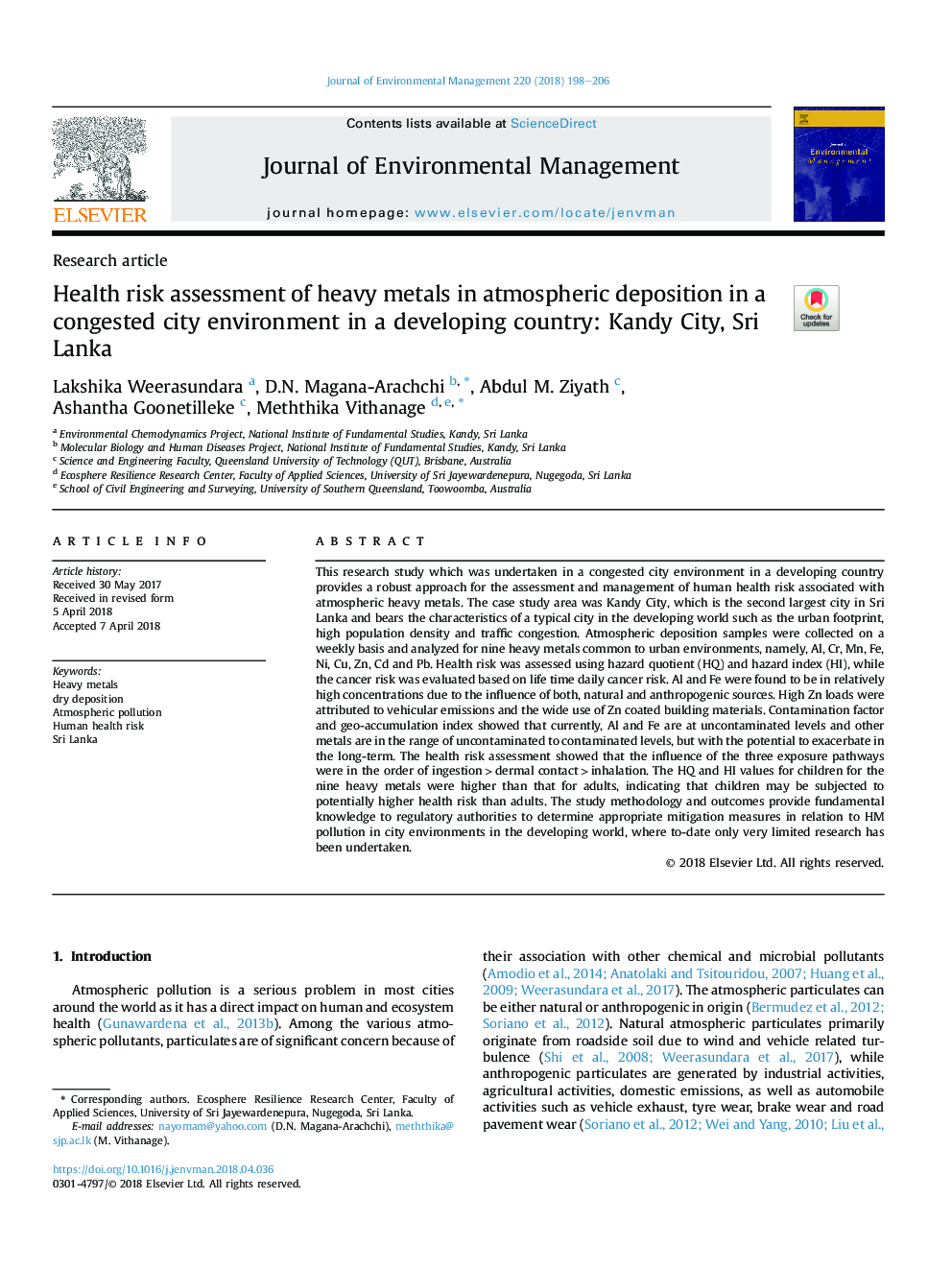 Health risk assessment of heavy metals in atmospheric deposition in a congested city environment in a developing country: Kandy City, Sri Lanka