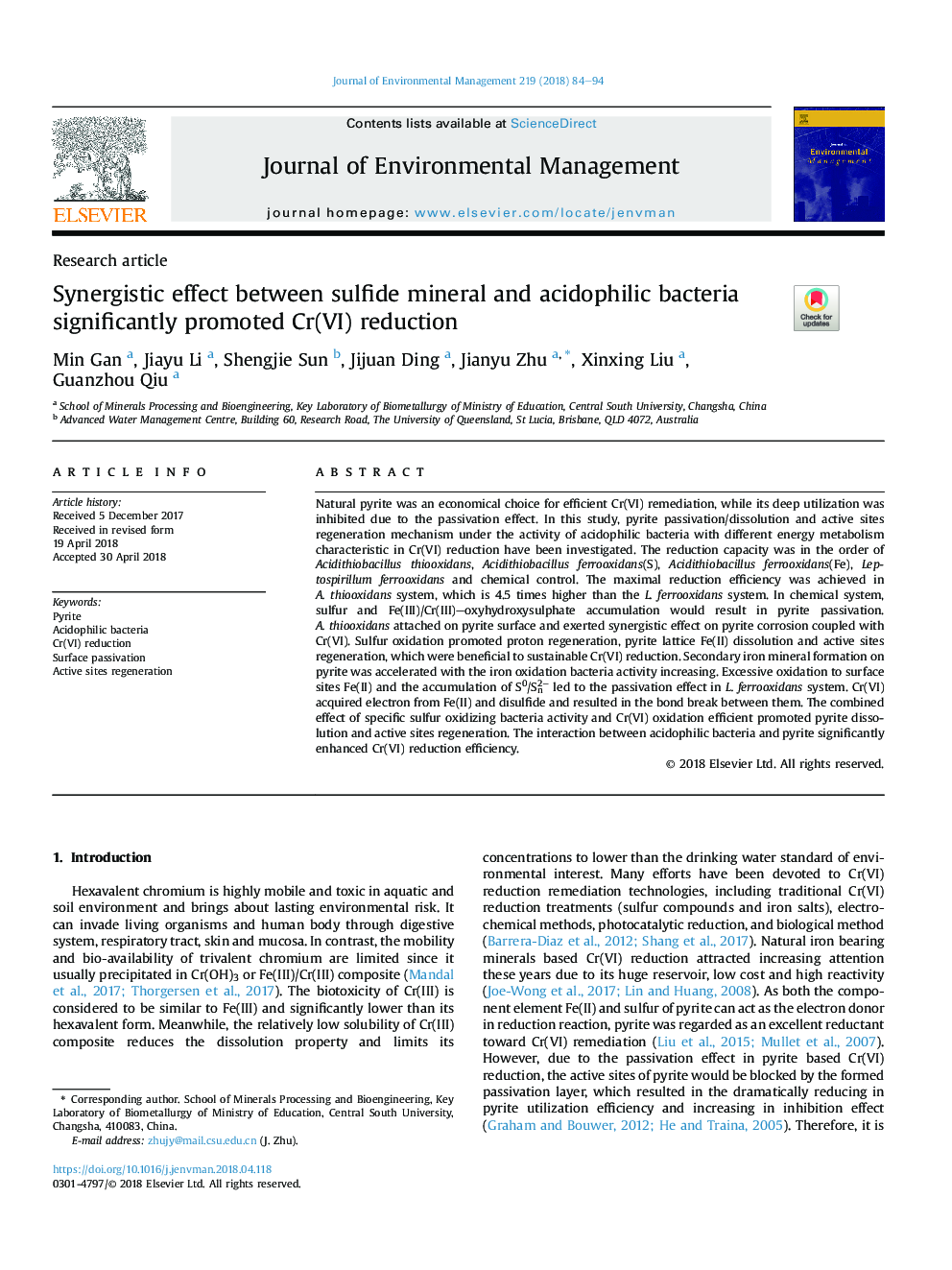 Synergistic effect between sulfide mineral and acidophilic bacteria significantly promoted Cr(VI) reduction