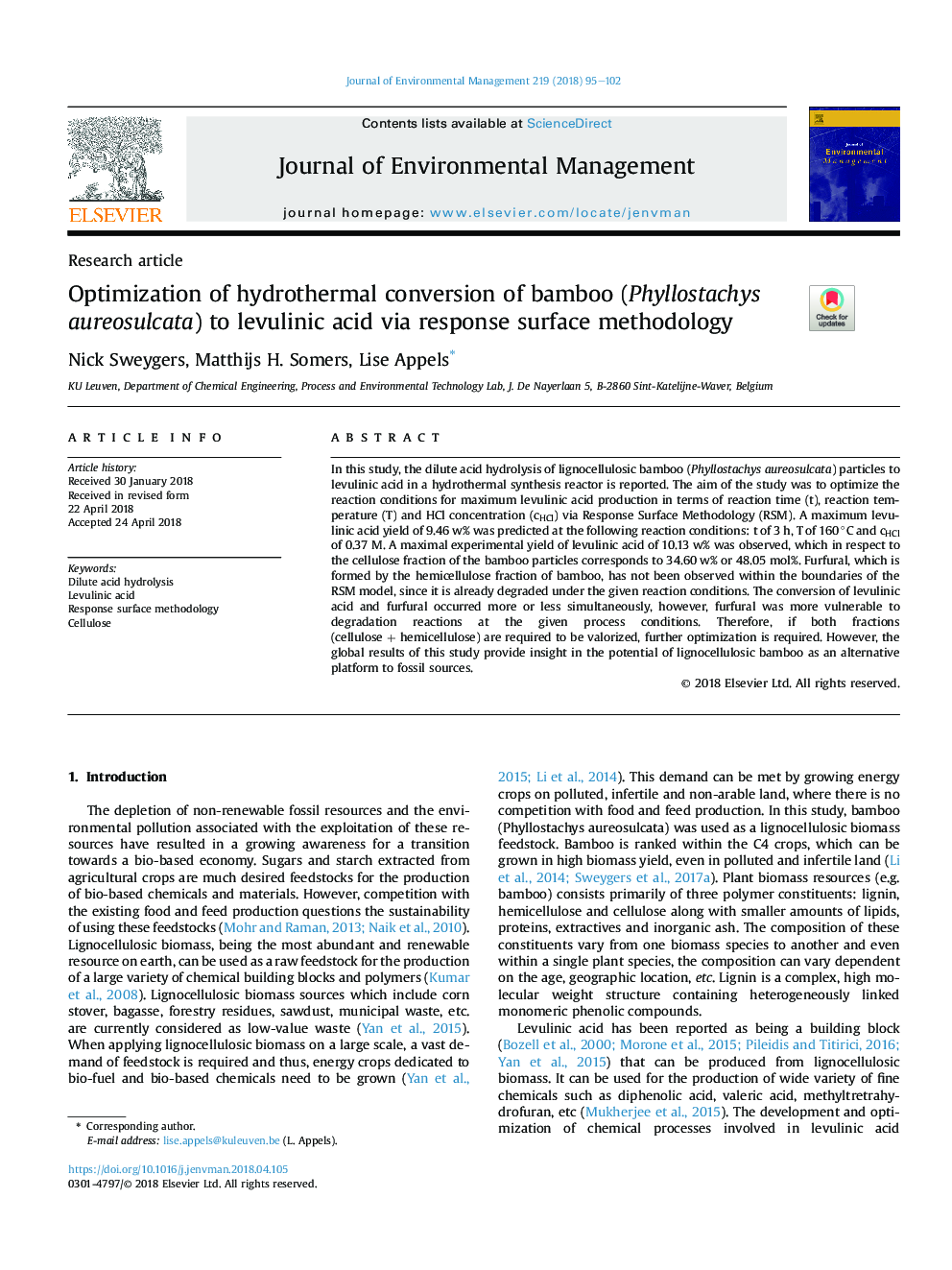 Optimization of hydrothermal conversion of bamboo (Phyllostachys aureosulcata) to levulinic acid via response surface methodology