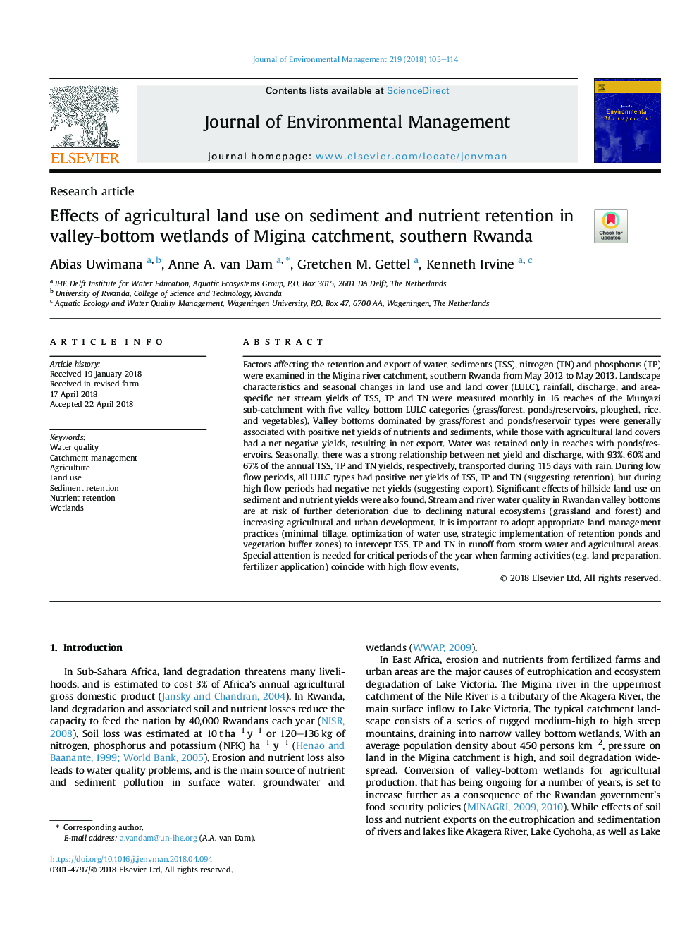 Effects of agricultural land use on sediment and nutrient retention in valley-bottom wetlands of Migina catchment, southern Rwanda