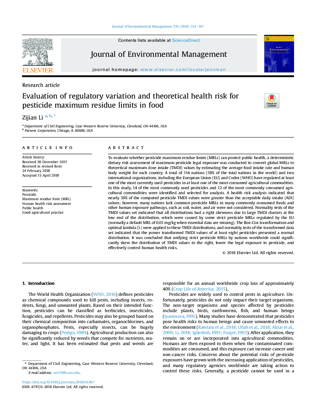 ارزیابی تغییرات نظارتی و خطر تئوری بهداشتی برای محدودیت حداکثر مانع از آفت کش ها در غذا 