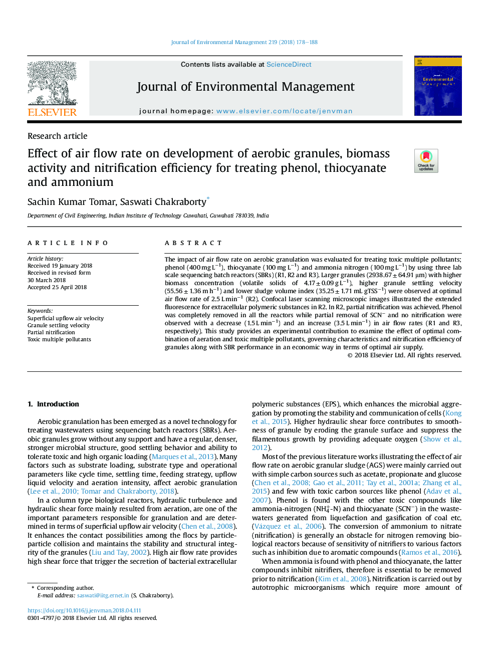 Effect of air flow rate on development of aerobic granules, biomass activity and nitrification efficiency for treating phenol, thiocyanate and ammonium