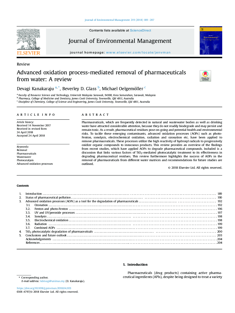 Advanced oxidation process-mediated removal of pharmaceuticals from water: A review