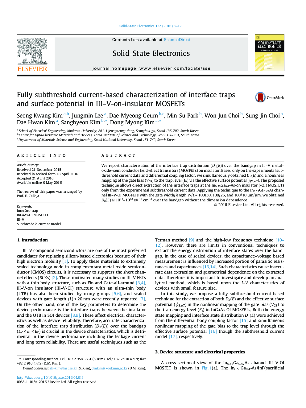 Fully subthreshold current-based characterization of interface traps and surface potential in III–V-on-insulator MOSFETs