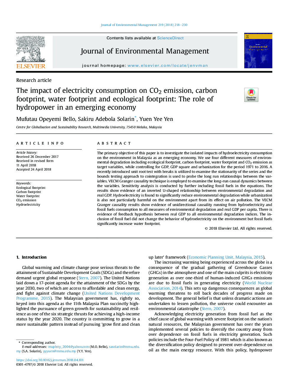 The impact of electricity consumption on CO2 emission, carbon footprint, water footprint and ecological footprint: The role of hydropower in an emerging economy