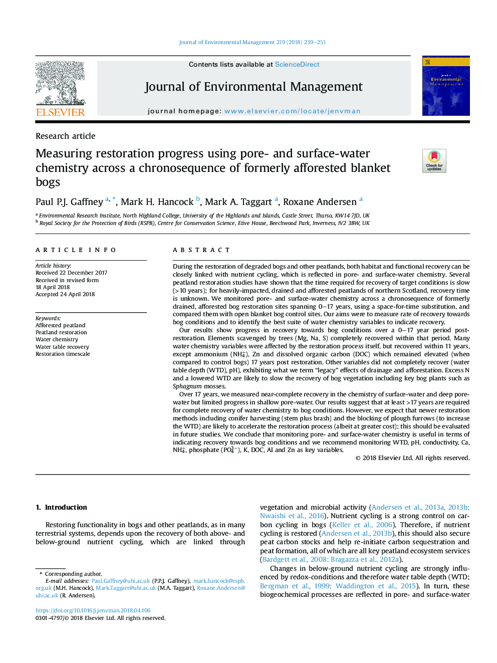 Measuring restoration progress using pore- and surface-water chemistry across a chronosequence of formerly afforested blanket bogs