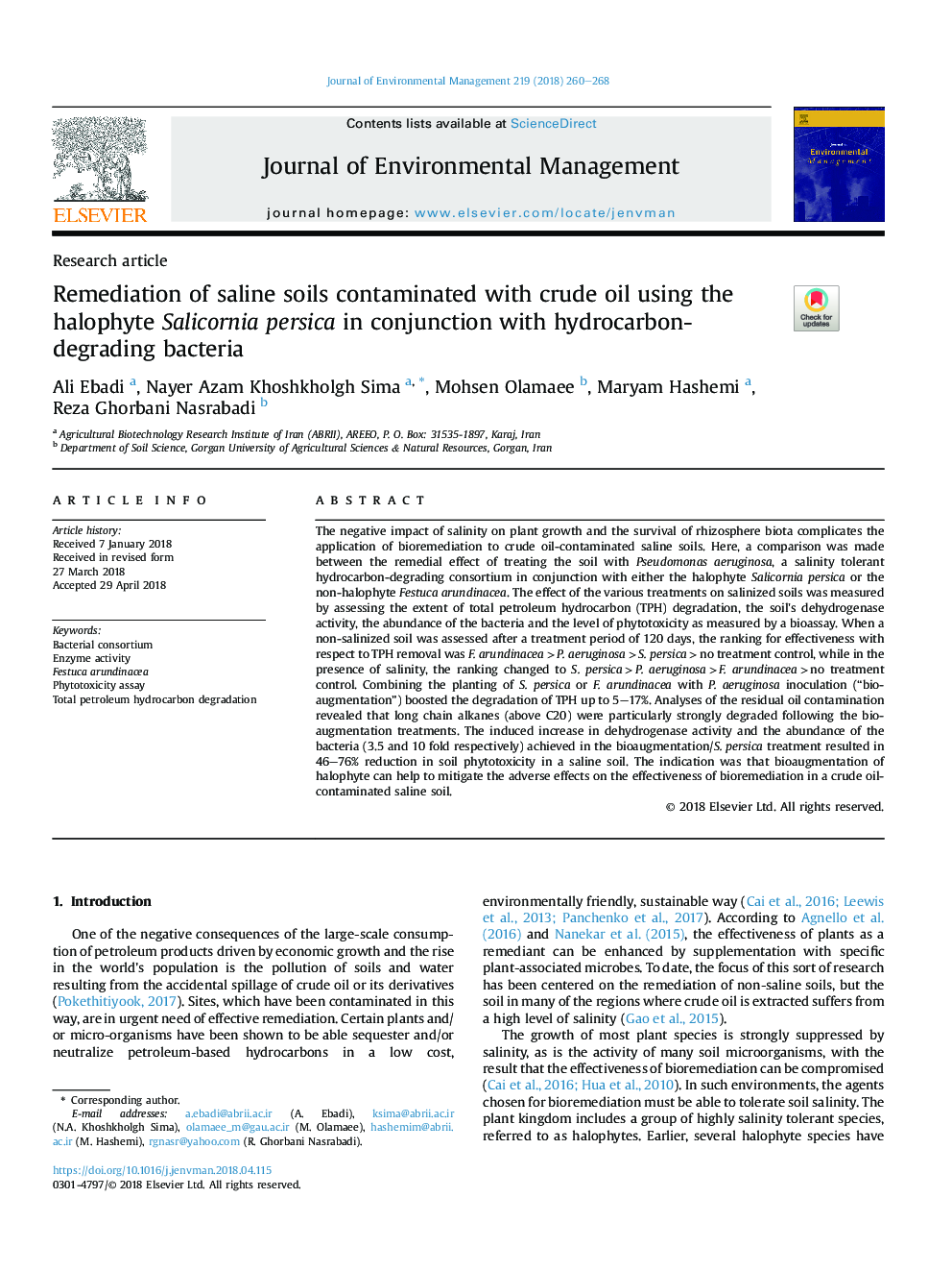 Remediation of saline soils contaminated with crude oil using the halophyte Salicornia persica in conjunction with hydrocarbon-degrading bacteria