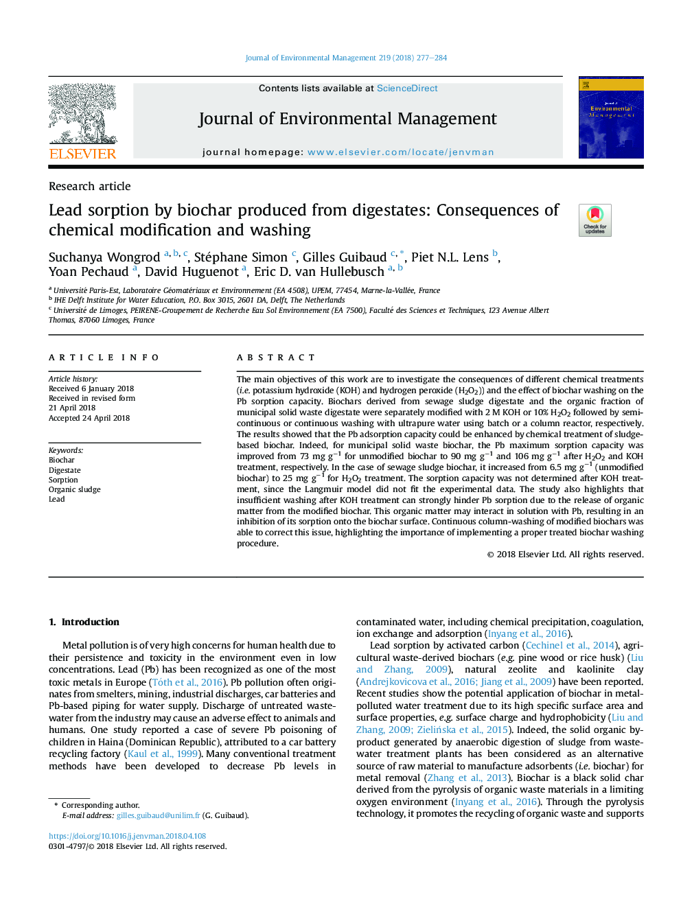 Lead sorption by biochar produced from digestates: Consequences of chemical modification and washing