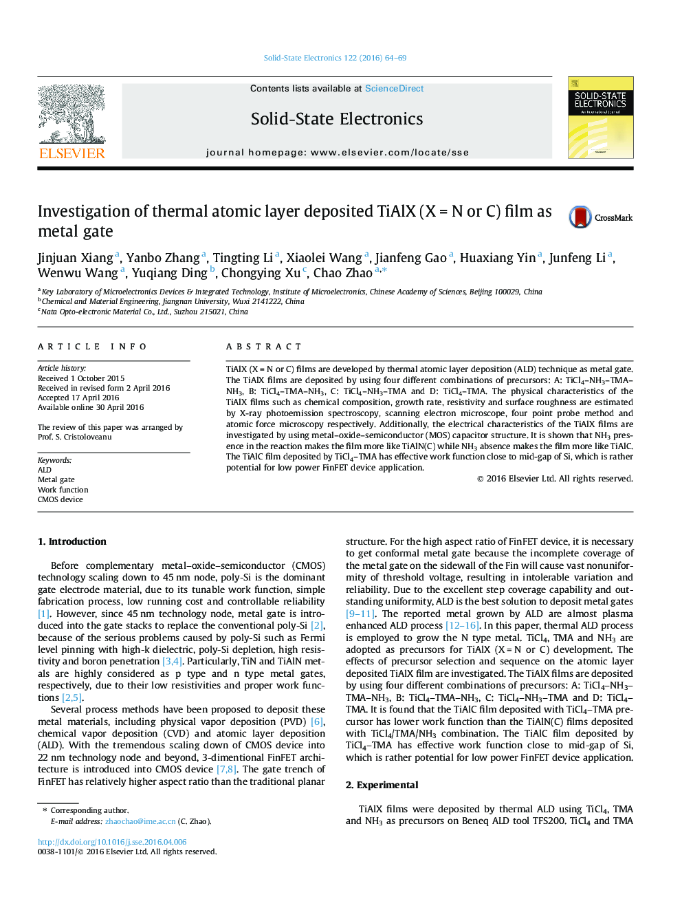 Investigation of thermal atomic layer deposited TiAlX (X = N or C) film as metal gate