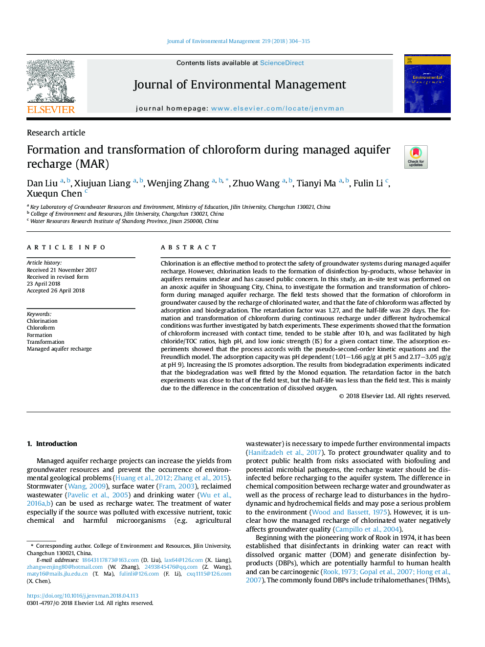 Formation and transformation of chloroform during managed aquifer recharge (MAR)