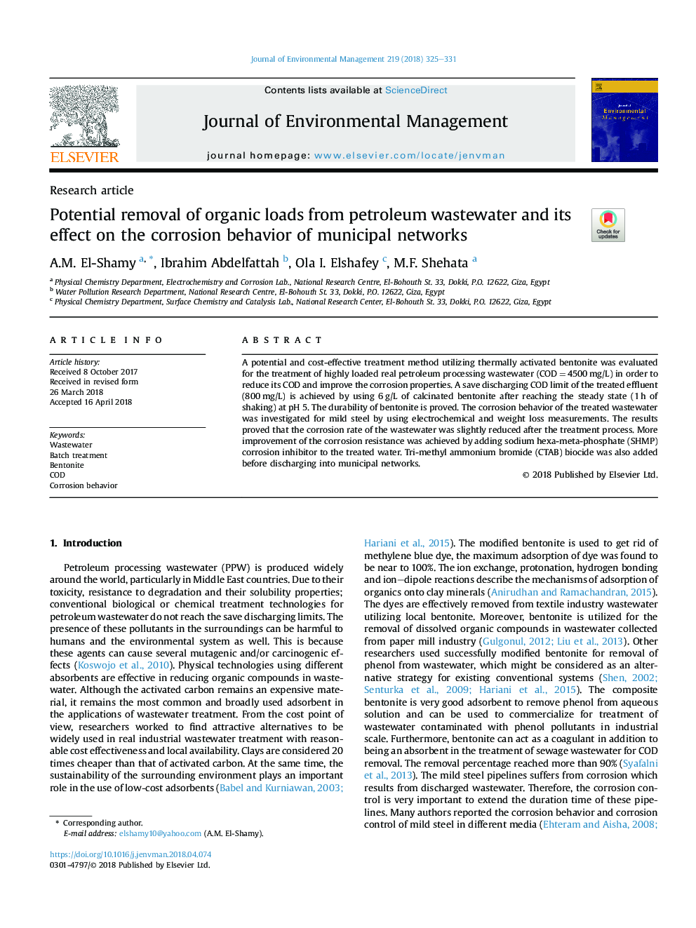 Potential removal of organic loads from petroleum wastewater and its effect on the corrosion behavior of municipal networks