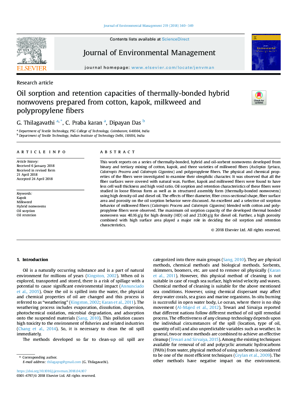 Oil sorption and retention capacities of thermally-bonded hybrid nonwovens prepared from cotton, kapok, milkweed and polypropylene fibers