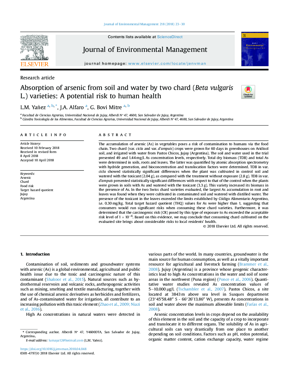 Absorption of arsenic from soil and water by two chard (Beta vulgaris L.) varieties: A potential risk to human health