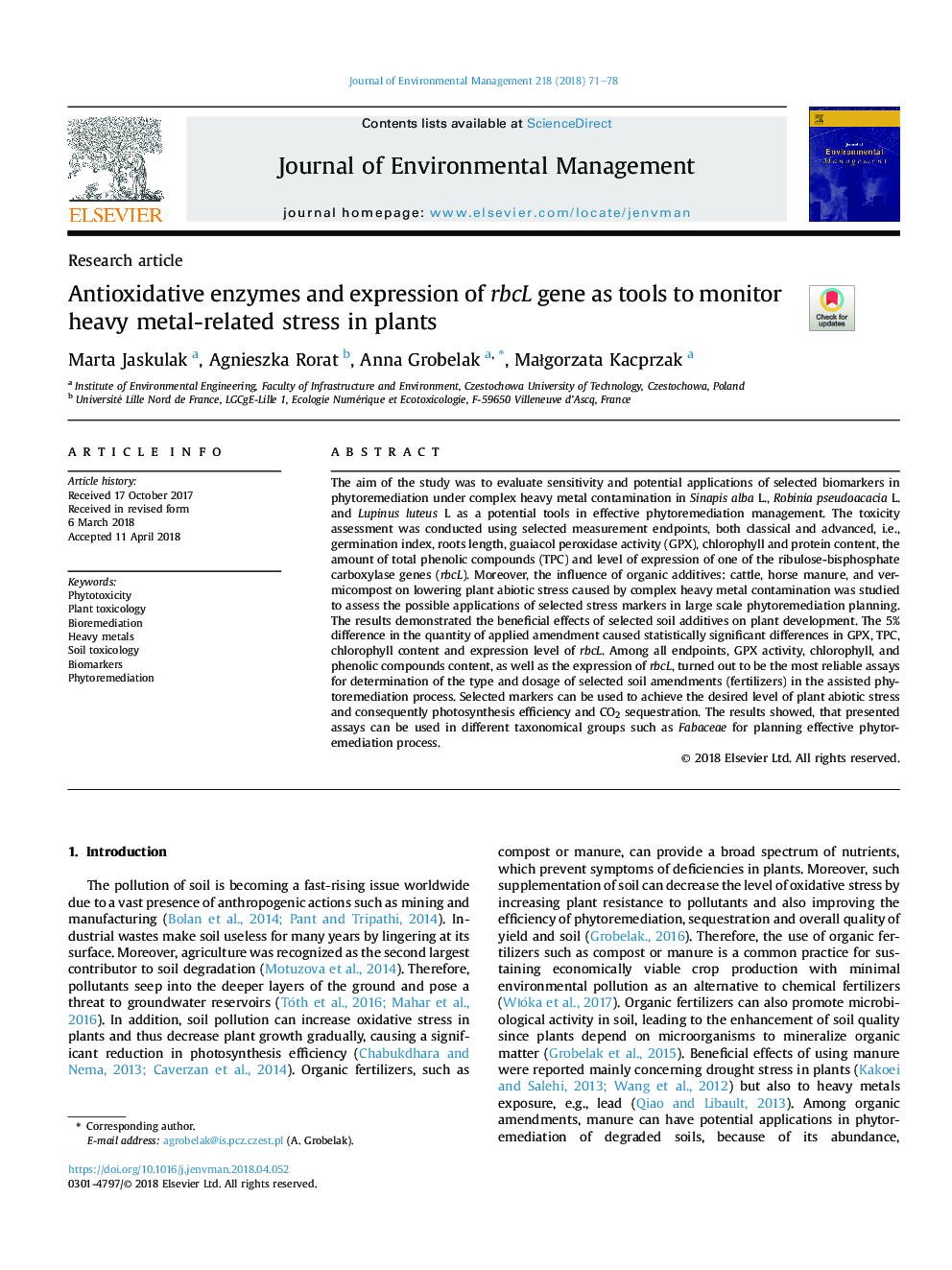 Antioxidative enzymes and expression of rbcL gene as tools to monitor heavy metal-related stress in plants