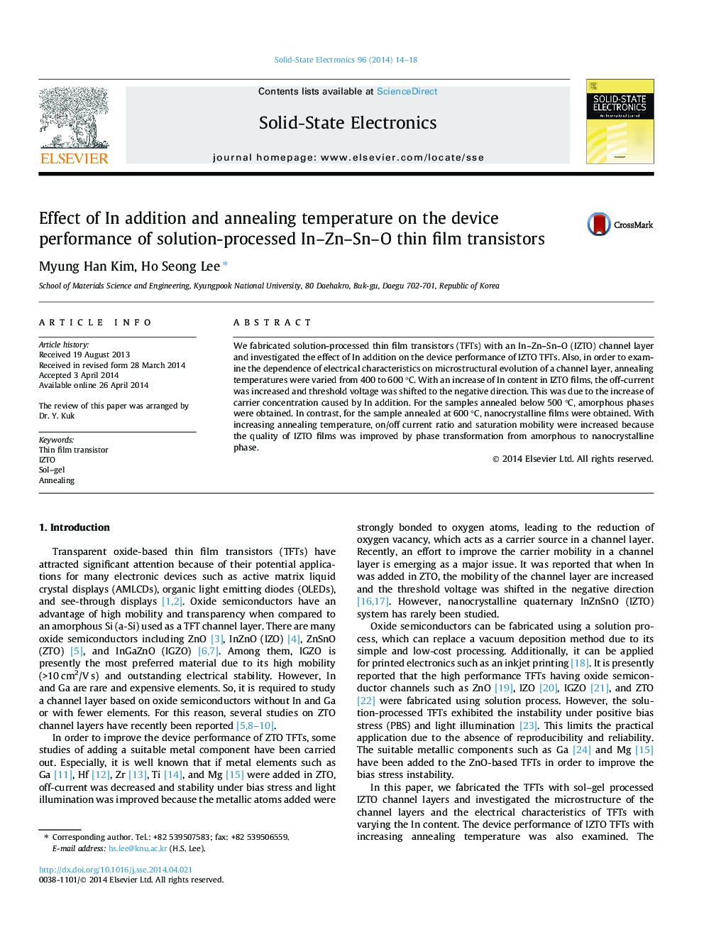 Effect of In addition and annealing temperature on the device performance of solution-processed In–Zn–Sn–O thin film transistors