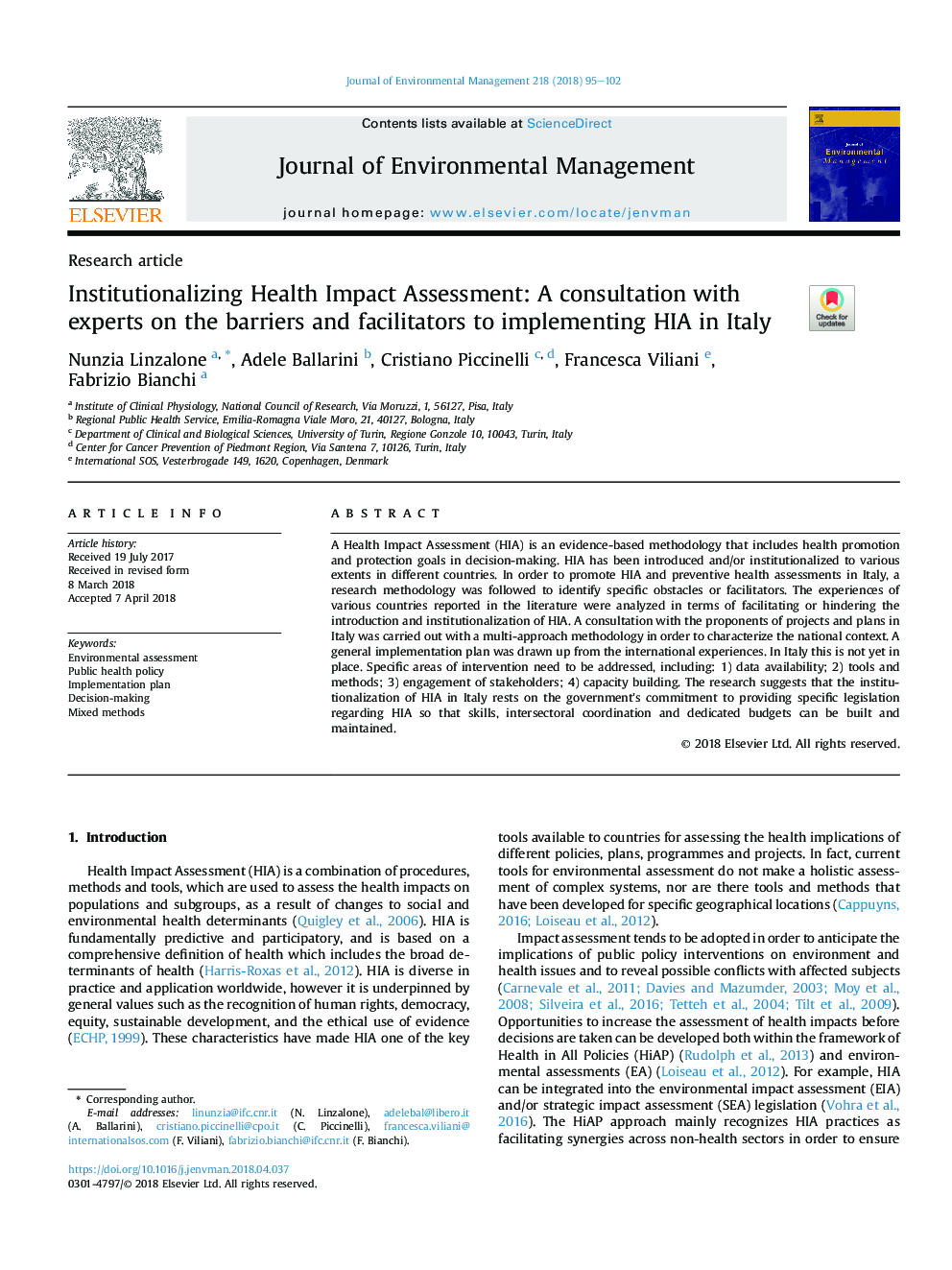 Institutionalizing Health Impact Assessment: A consultation with experts on the barriers and facilitators to implementing HIA in Italy