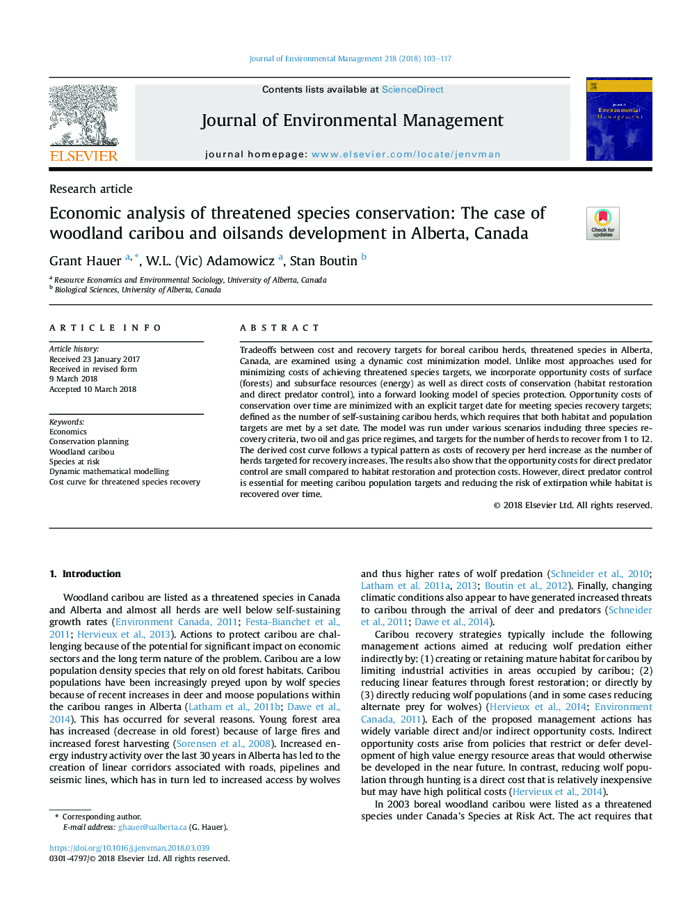 Economic analysis of threatened species conservation: The case of woodland caribou and oilsands development in Alberta, Canada