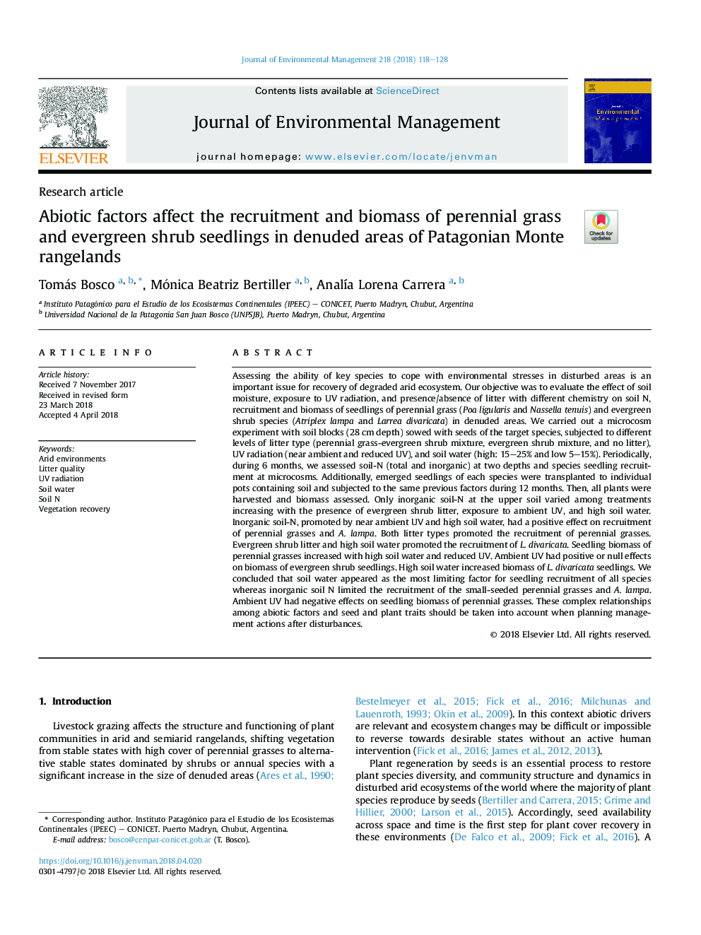 Abiotic factors affect the recruitment and biomass of perennial grass and evergreen shrub seedlings in denuded areas of Patagonian Monte rangelands