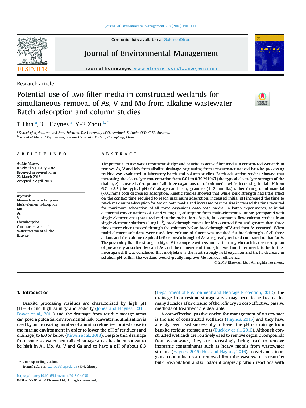 Potential use of two filter media in constructed wetlands for simultaneous removal of As, V and Mo from alkaline wastewater - Batch adsorption and column studies