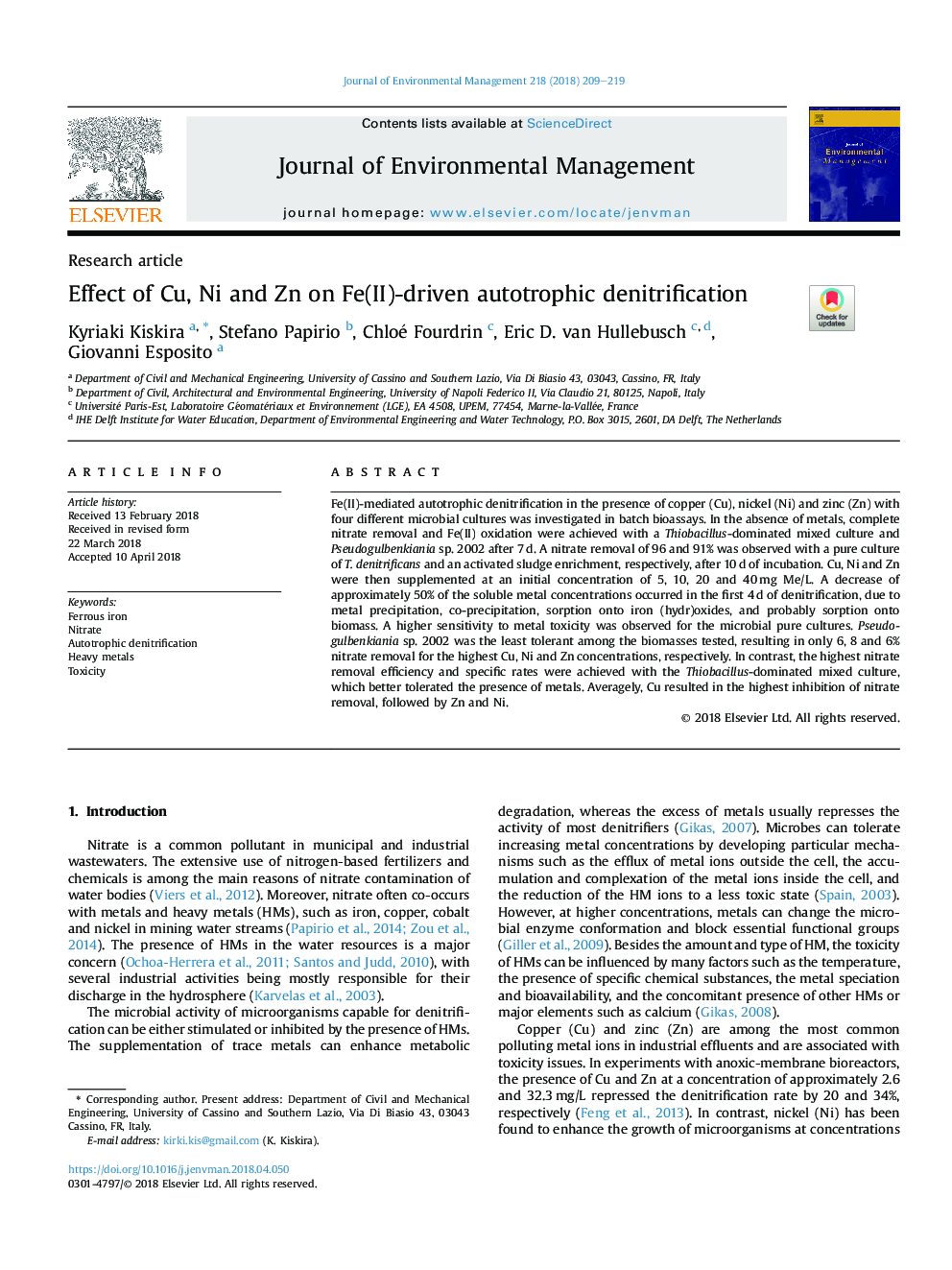 Effect of Cu, Ni and Zn on Fe(II)-driven autotrophic denitrification