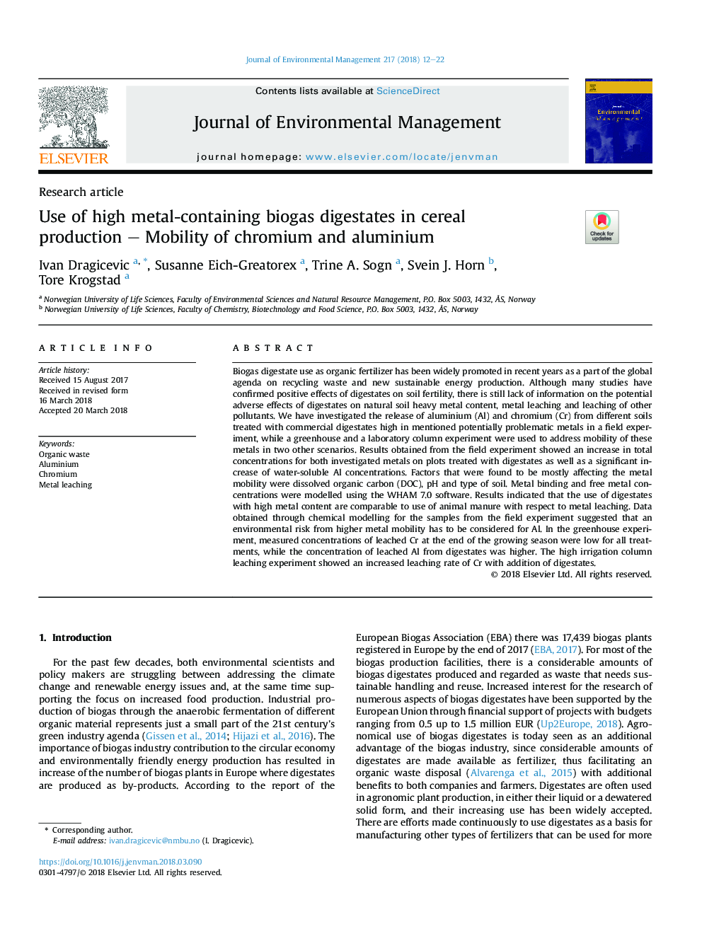 Use of high metal-containing biogas digestates in cereal productionÂ -Â Mobility of chromium and aluminium