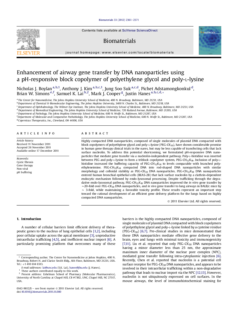 Enhancement of airway gene transfer by DNA nanoparticles using a pH-responsive block copolymer of polyethylene glycol and poly-l-lysine