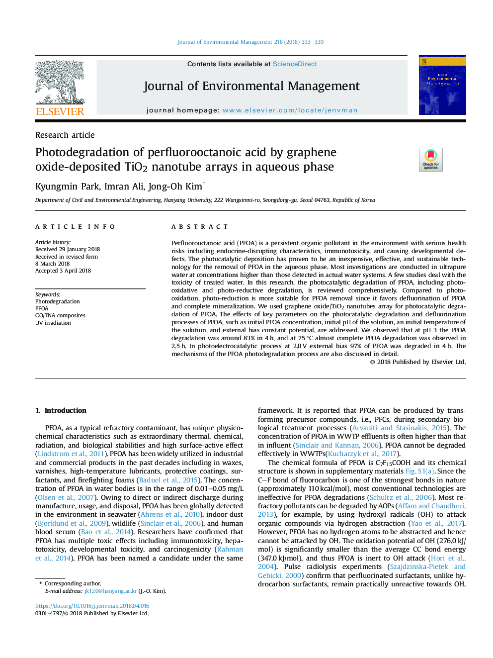 Photodegradation of perfluorooctanoic acid by graphene oxide-deposited TiO2 nanotube arrays in aqueous phase