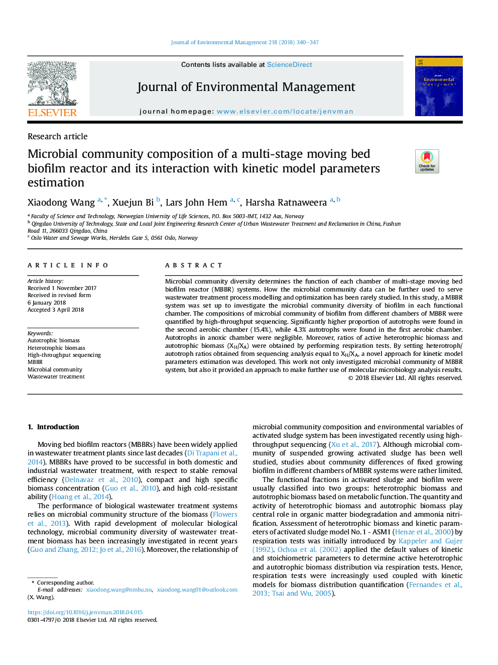 Microbial community composition of a multi-stage moving bed biofilm reactor and its interaction with kinetic model parameters estimation