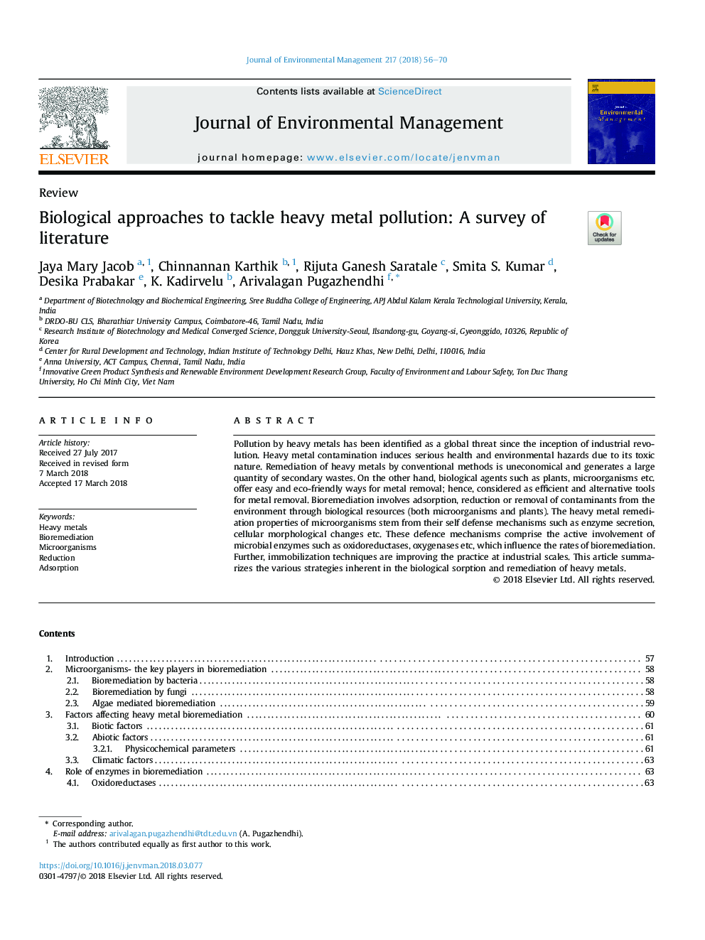 Biological approaches to tackle heavy metal pollution: A survey of literature