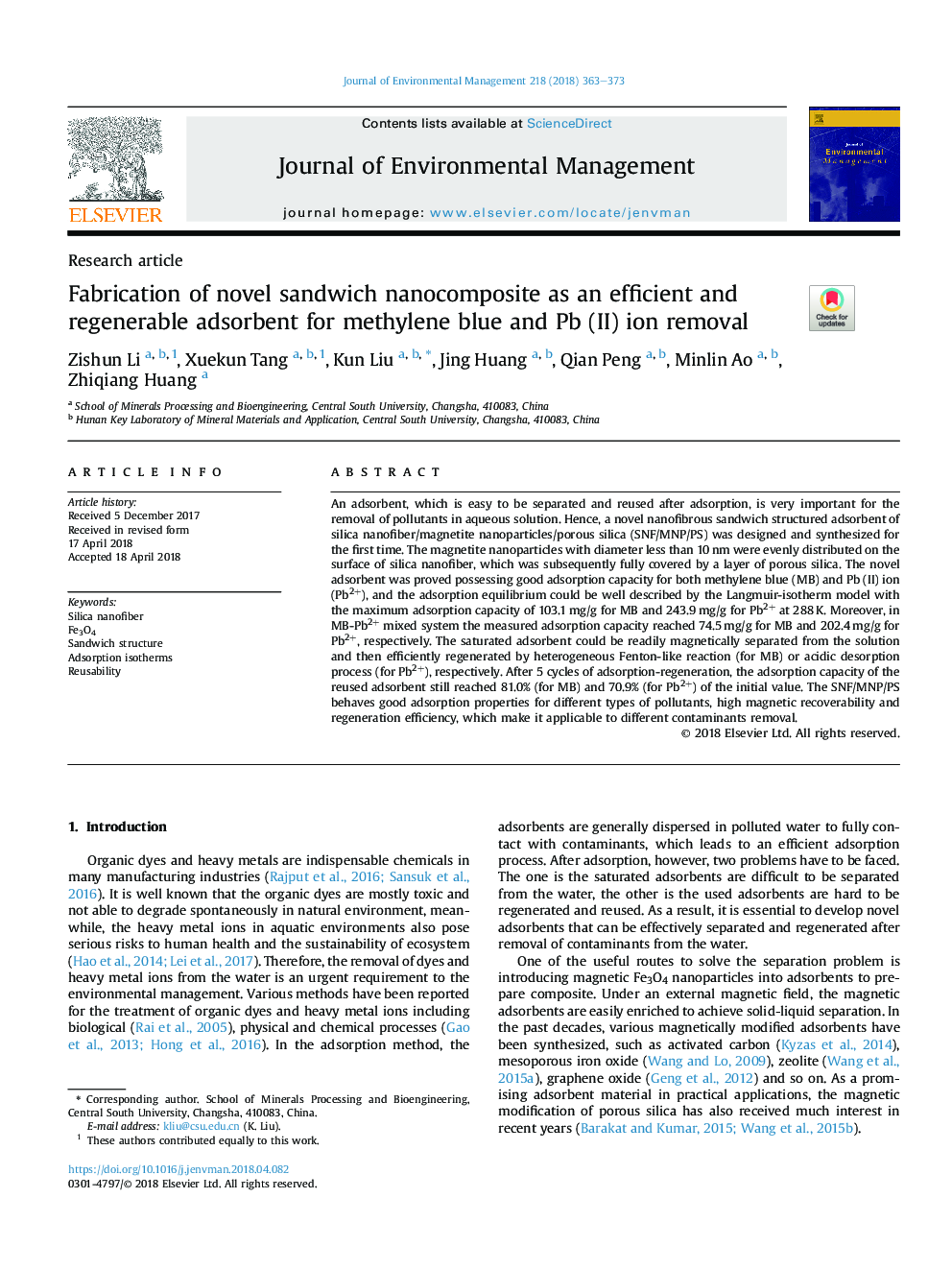 Fabrication of novel sandwich nanocomposite as an efficient and regenerable adsorbent for methylene blue and Pb (II) ion removal