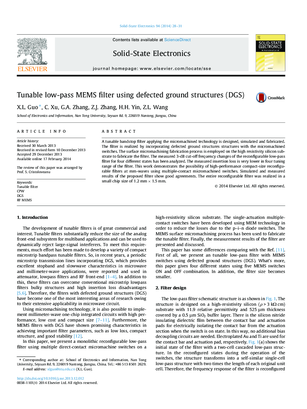 Tunable low-pass MEMS filter using defected ground structures (DGS)