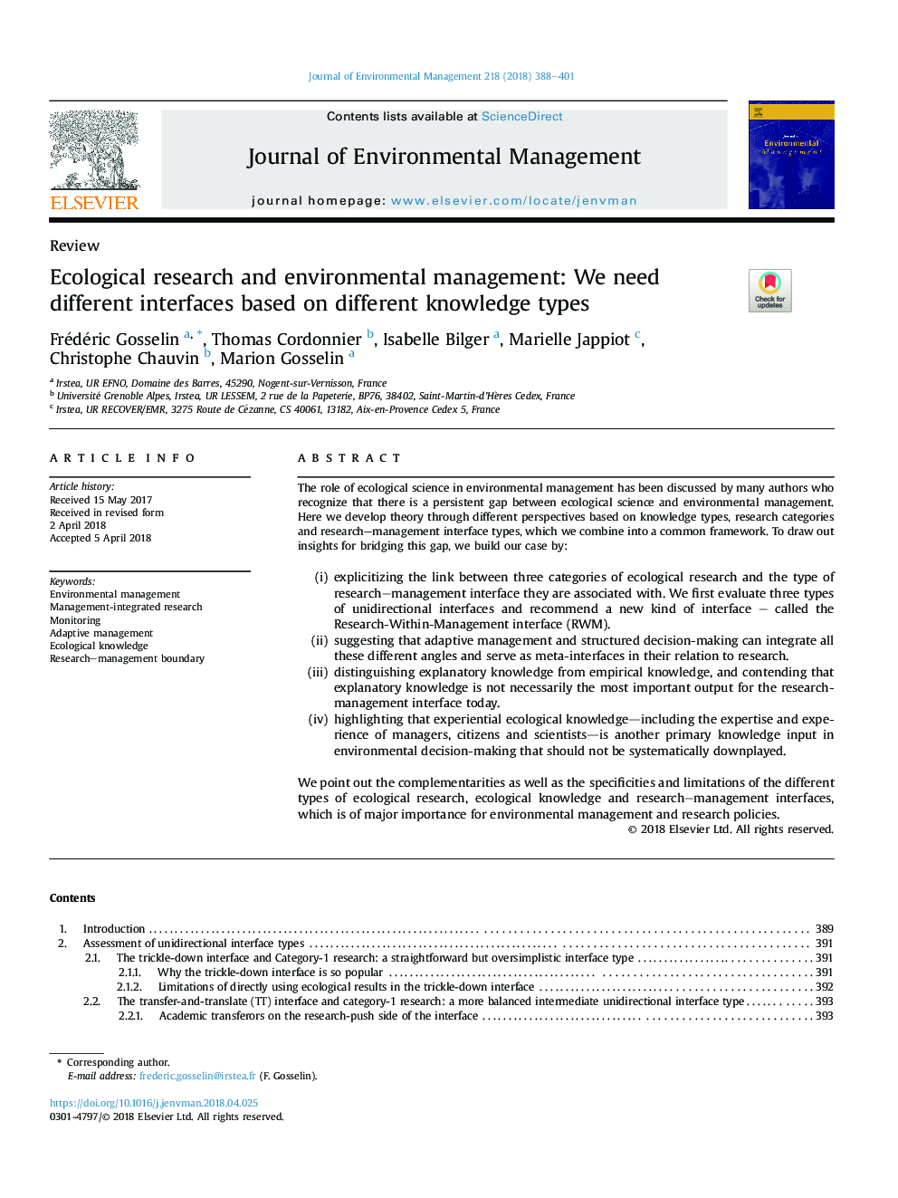 Ecological research and environmental management: We need different interfaces based on different knowledge types