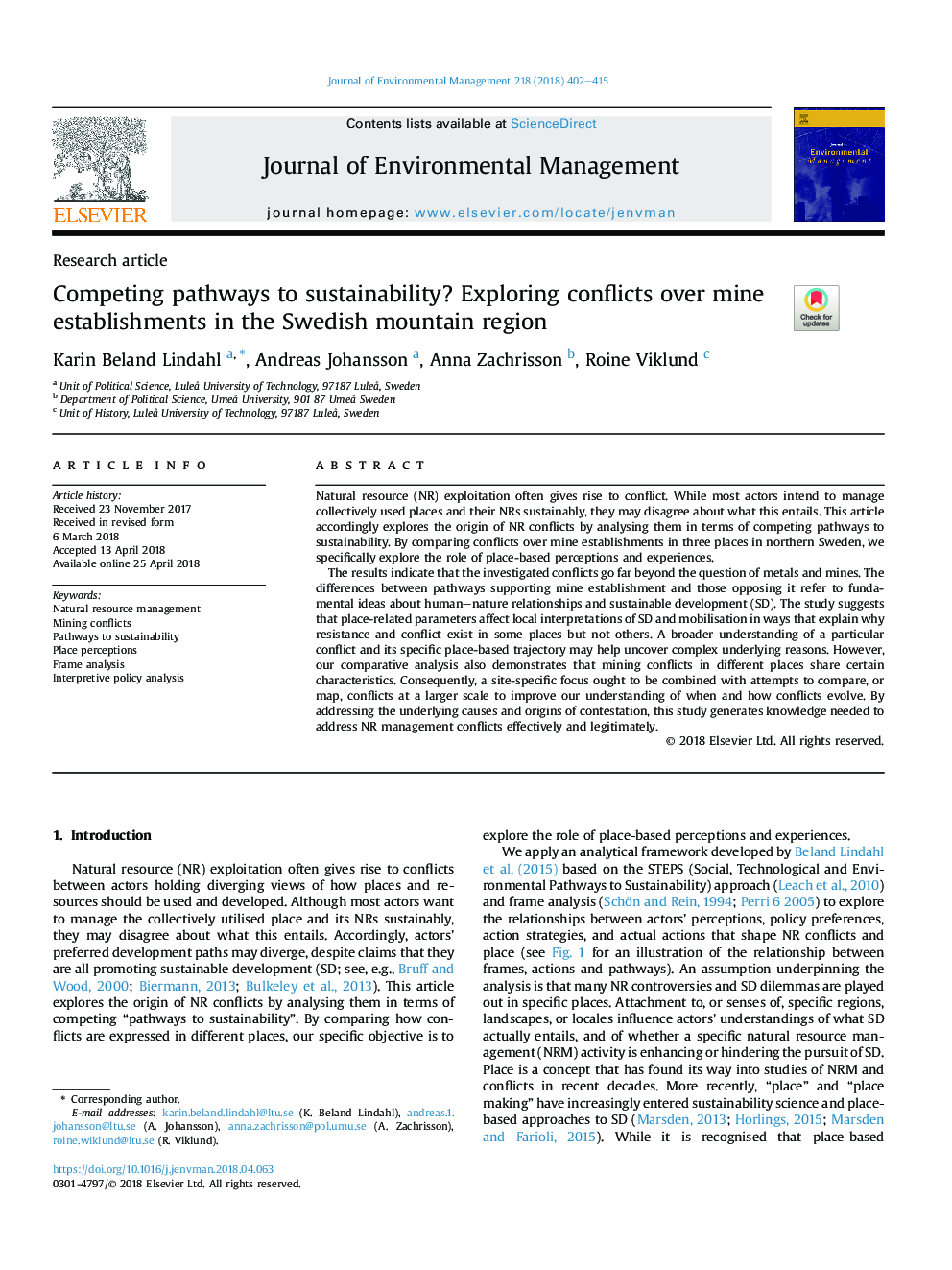 Competing pathways to sustainability? Exploring conflicts over mine establishments in the Swedish mountain region