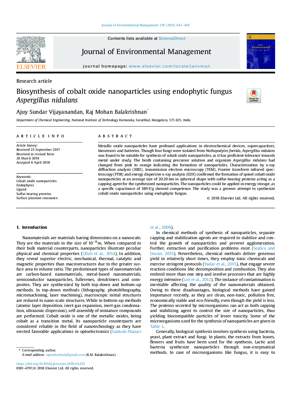 Biosynthesis of cobalt oxide nanoparticles using endophytic fungus Aspergillus nidulans