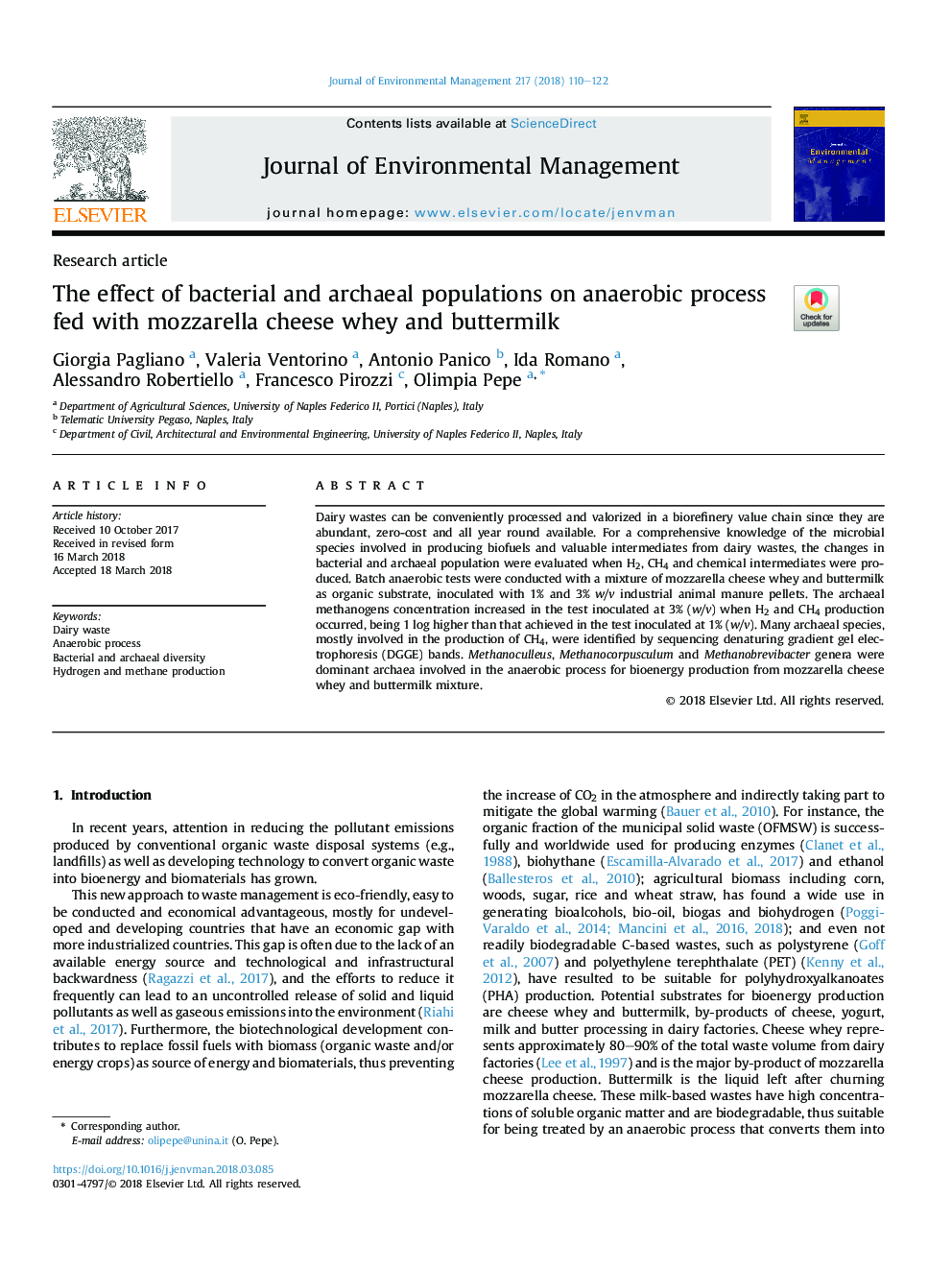 The effect of bacterial and archaeal populations on anaerobic process fed with mozzarella cheese whey and buttermilk