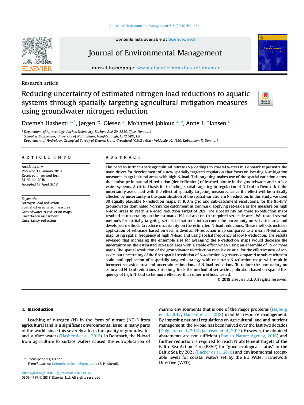 Reducing uncertainty of estimated nitrogen load reductions to aquatic systems through spatially targeting agricultural mitigation measures using groundwater nitrogen reduction