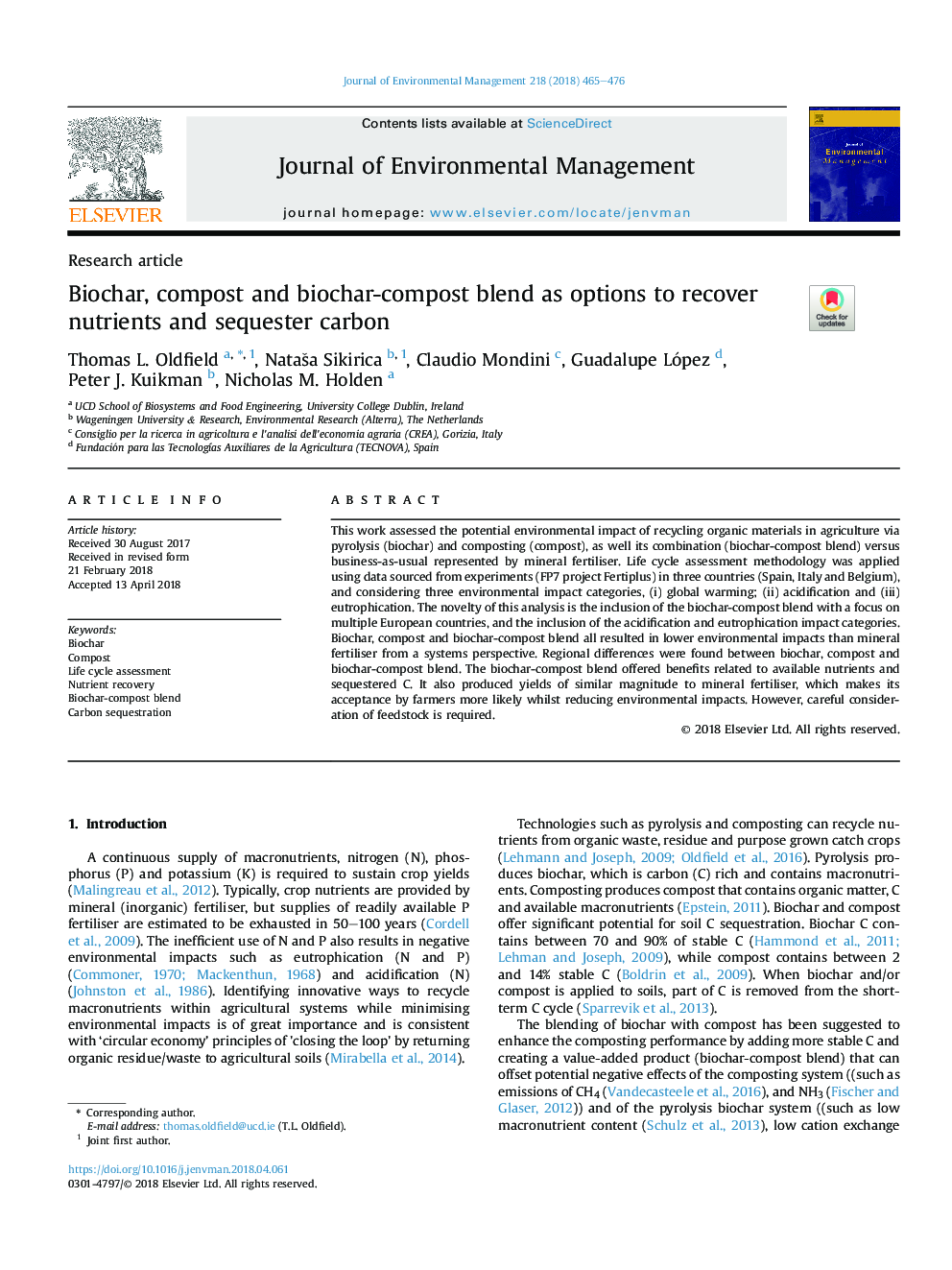 Biochar, compost and biochar-compost blend as options to recover nutrients and sequester carbon