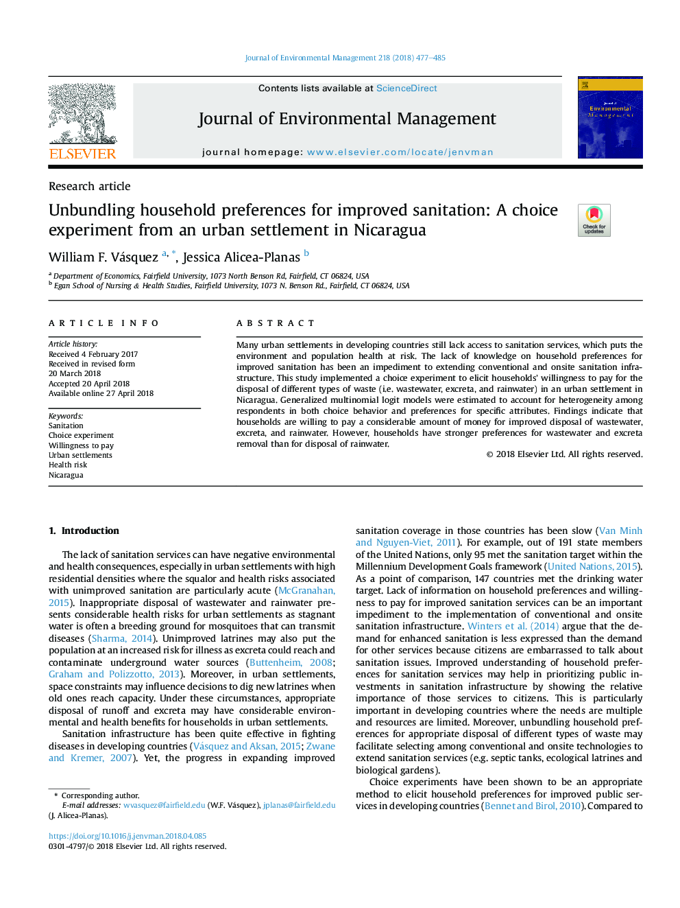 Unbundling household preferences for improved sanitation: A choice experiment from an urban settlement in Nicaragua