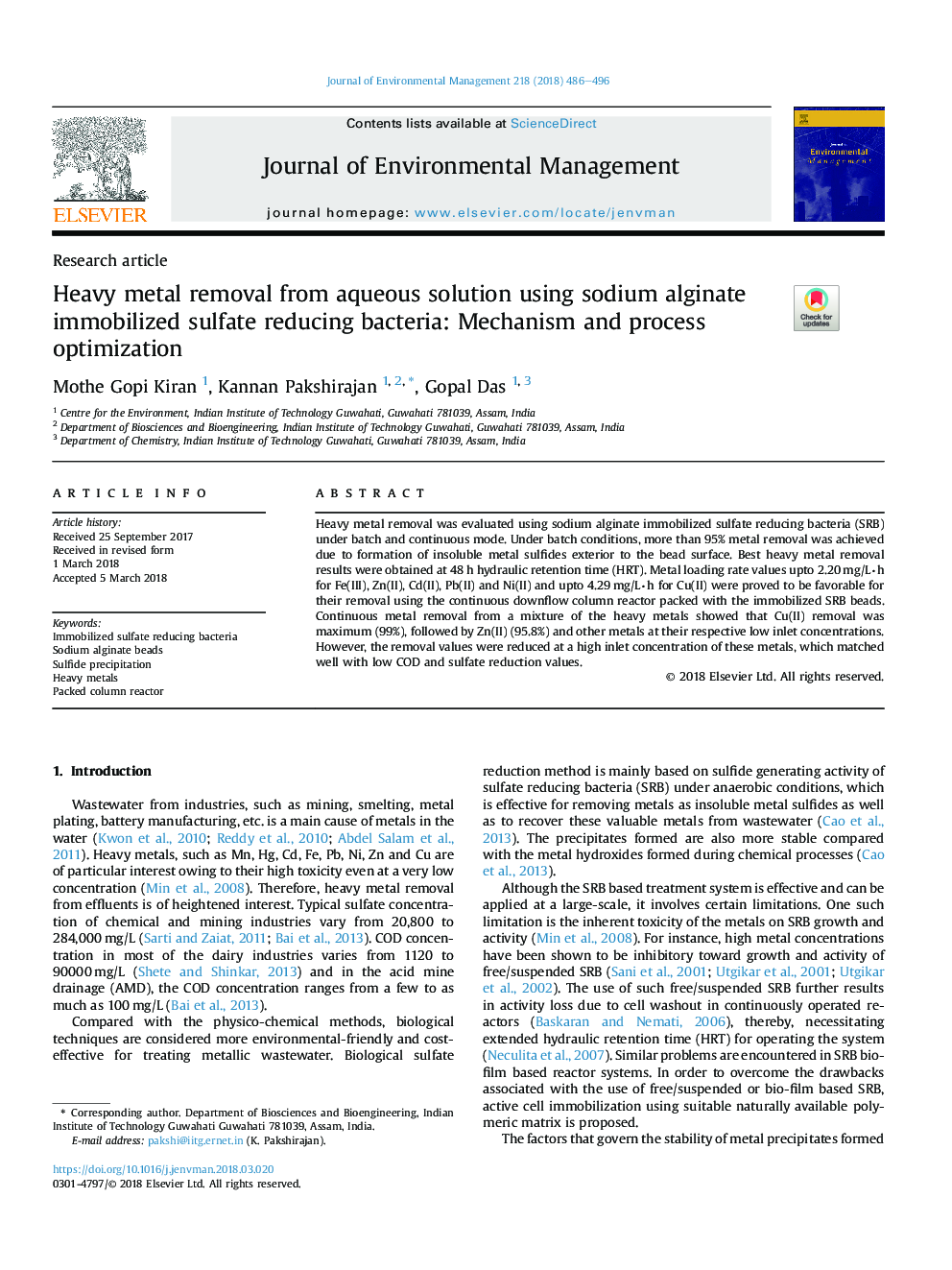 Heavy metal removal from aqueous solution using sodium alginate immobilized sulfate reducing bacteria: Mechanism and process optimization