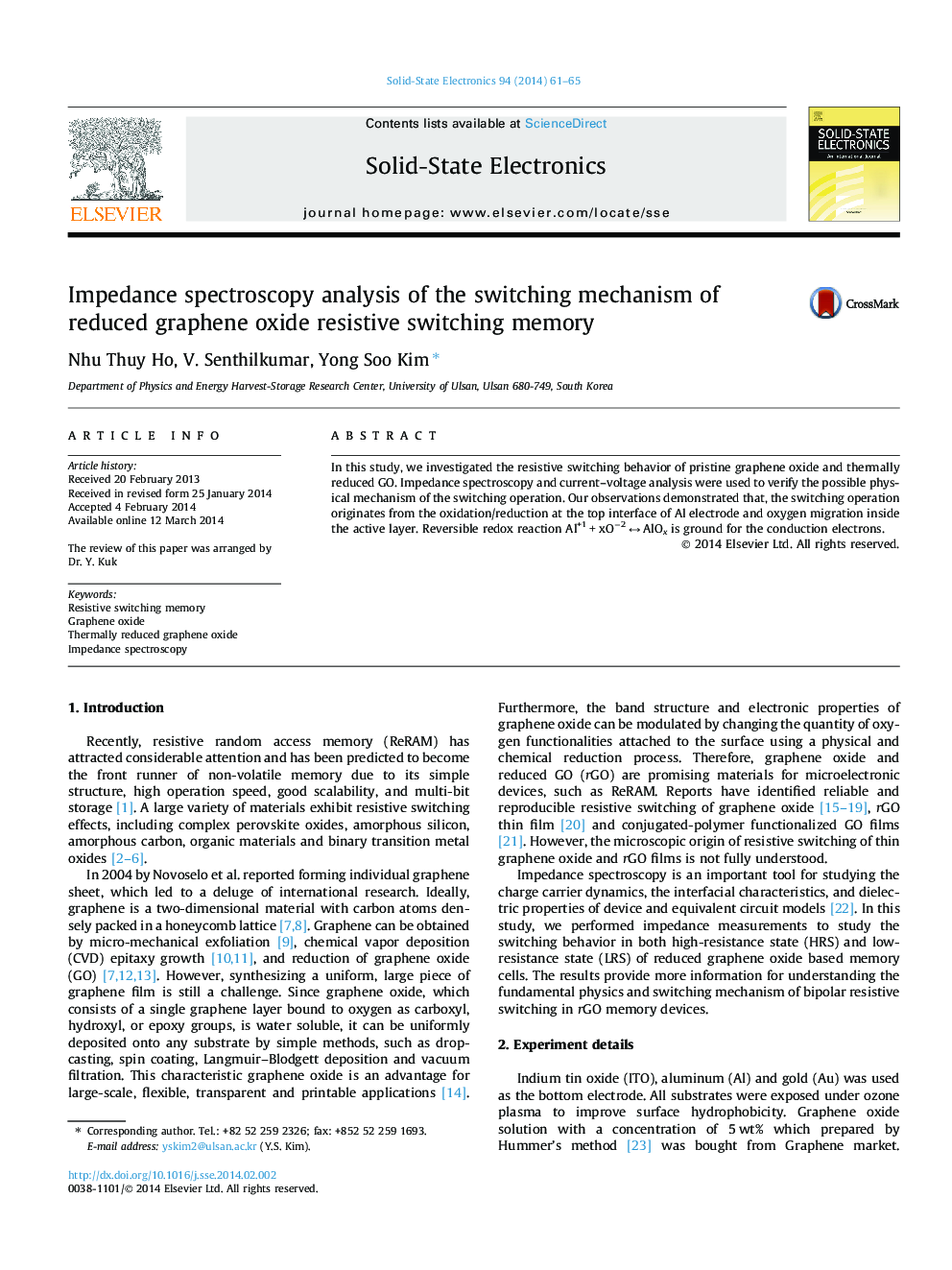 تجزیه و تحلیل طیف سنجی امپدانس از مکانیزم سوئیچینگ کاهش حافظه سوئیچینگ مقاومتی گرافین اکسید 