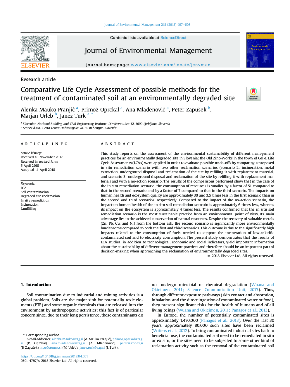 Comparative Life Cycle Assessment of possible methods for the treatment of contaminated soil at an environmentally degraded site