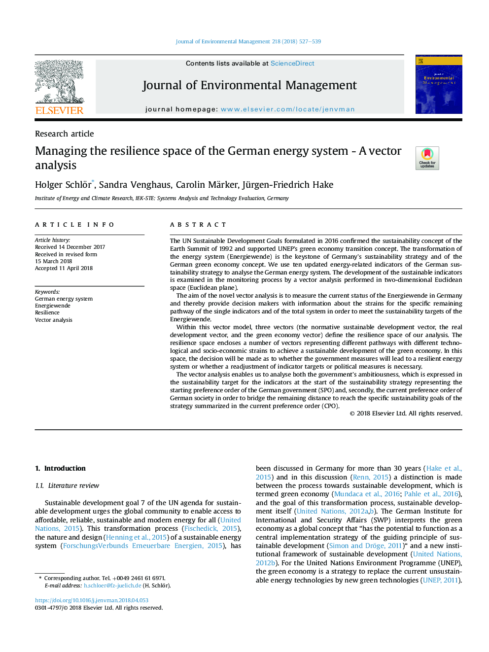 Managing the resilience space of the German energy system - A vector analysis