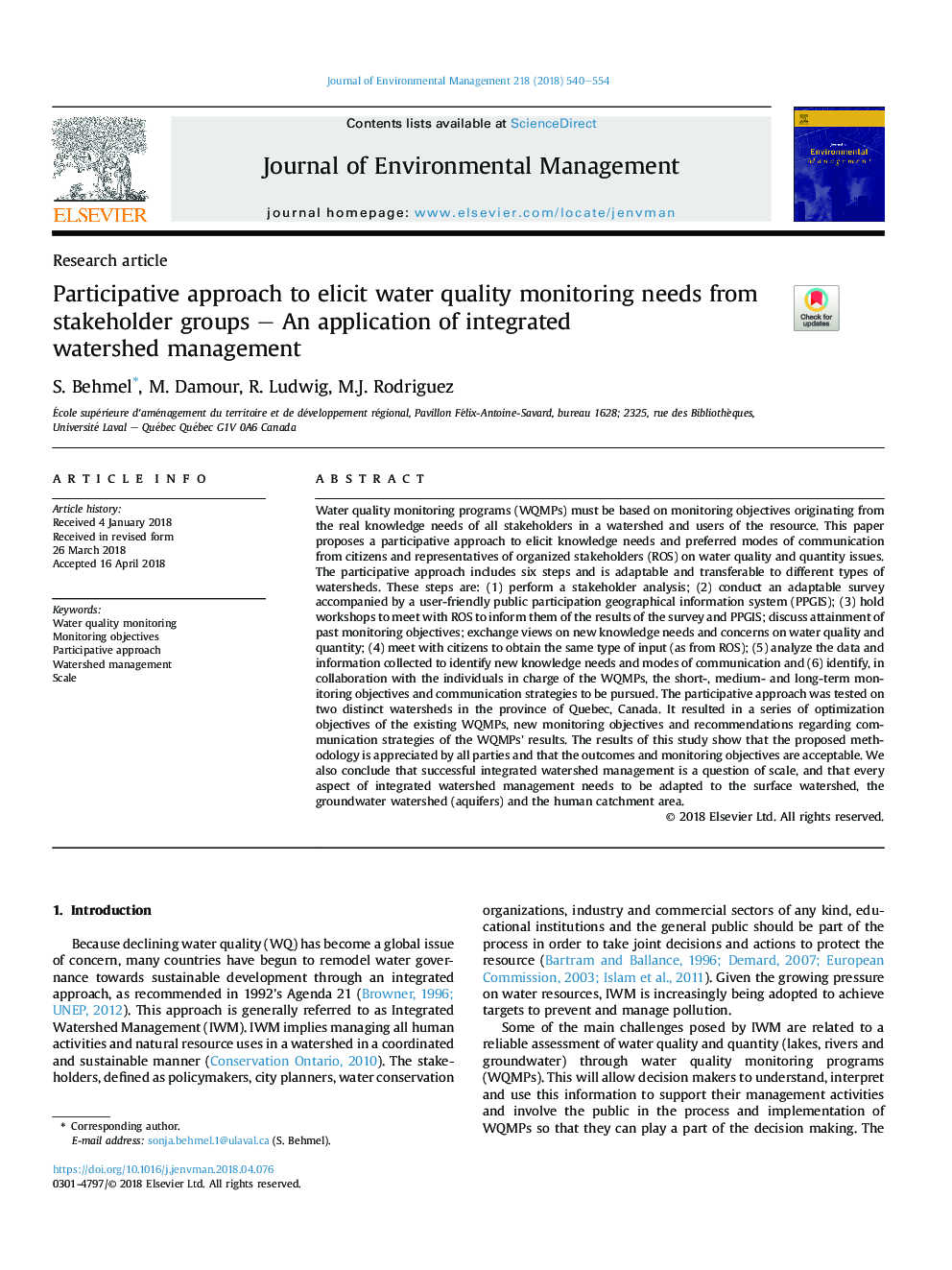 Participative approach to elicit water quality monitoring needs from stakeholder groups - An application of integrated watershed management